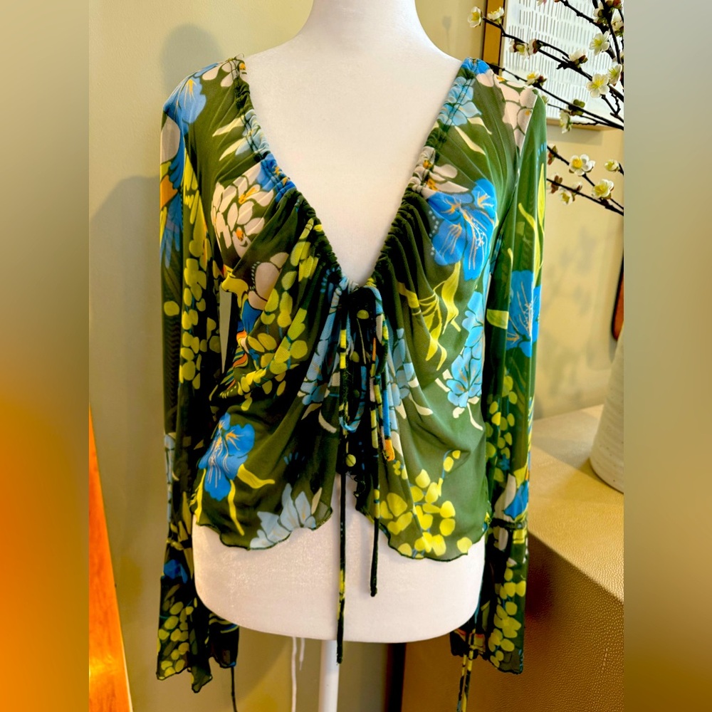 Free People Womens Sheer Green Floral V-neck Long Sleeve Blouse Top Size XS